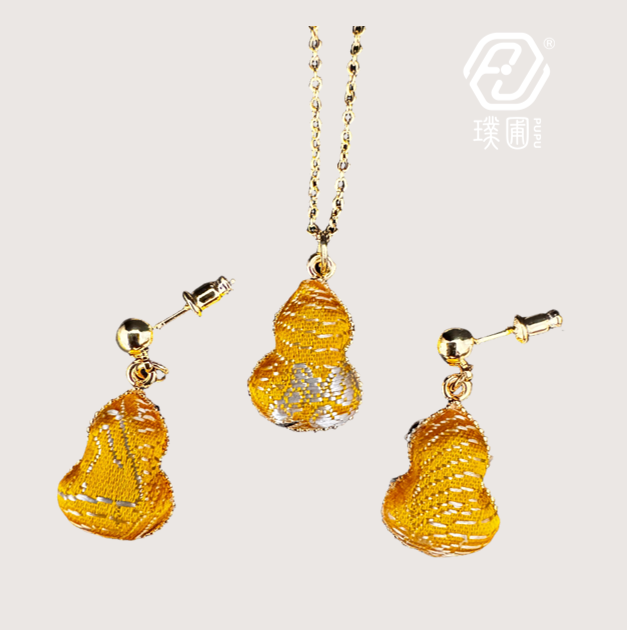 璞圃｜锦韵｜五蕴归真（金）葫芦合金项链耳坠套装 - 非遗宋锦项链｜新中式美学｜中国风礼品｜PuPu｜Jin Yun｜DInner Harmony (Metal) Gourd Necklace-Earring Set