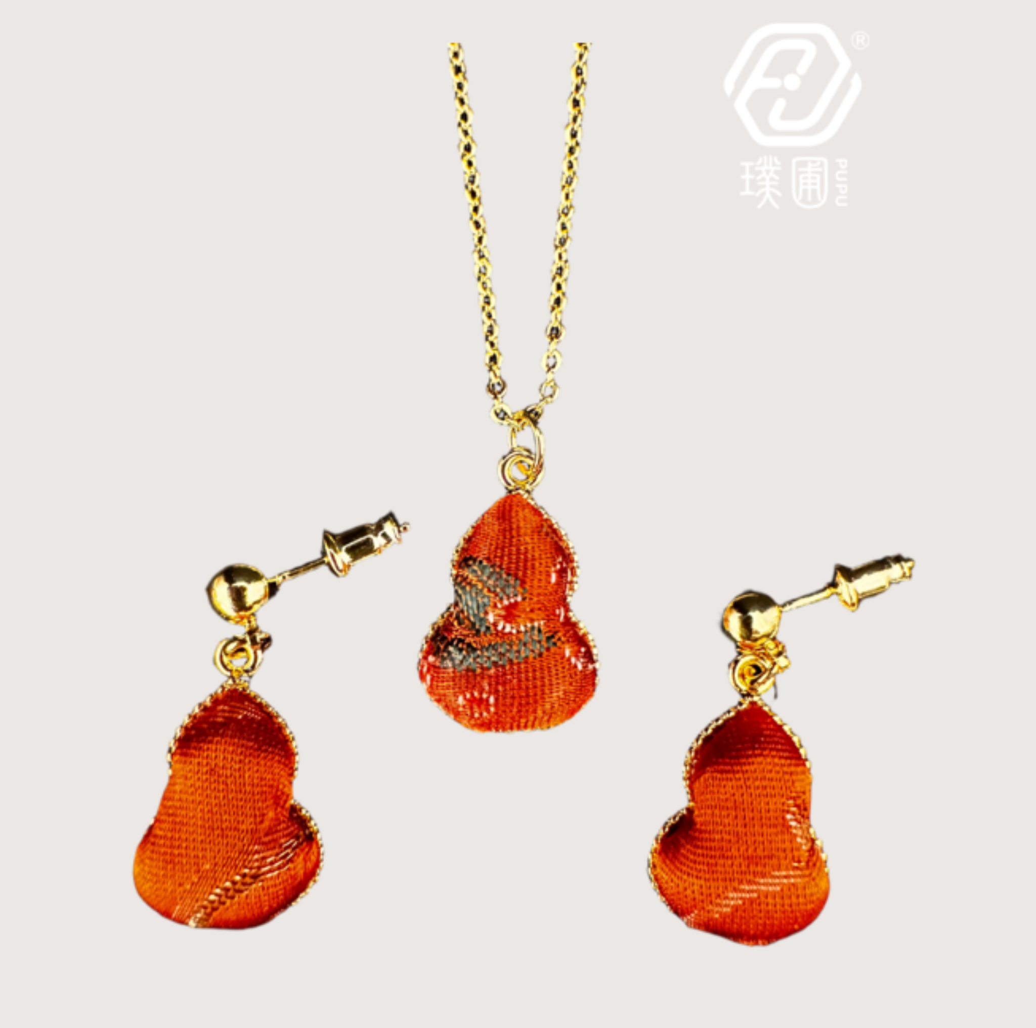 璞圃｜锦韵｜五蕴归真（土）葫芦合金项链耳坠套装 - 非遗宋锦项链｜新中式美学｜中国风礼品｜PuPu｜Jin Yun｜DInner Harmony (Wood) Gourd Necklace-Earring Set