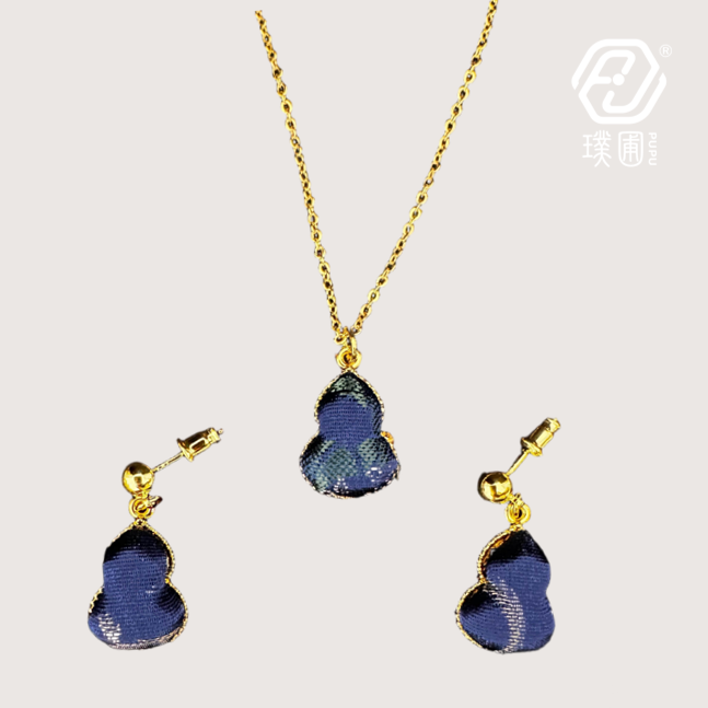 璞圃｜锦韵｜五蕴归真（水）葫芦合金项链耳坠套装 - 非遗宋锦项链｜新中式美学｜中国风礼品｜PuPu｜Jin Yun｜DInner Harmony (Wood) Gourd Necklace-Earring Set